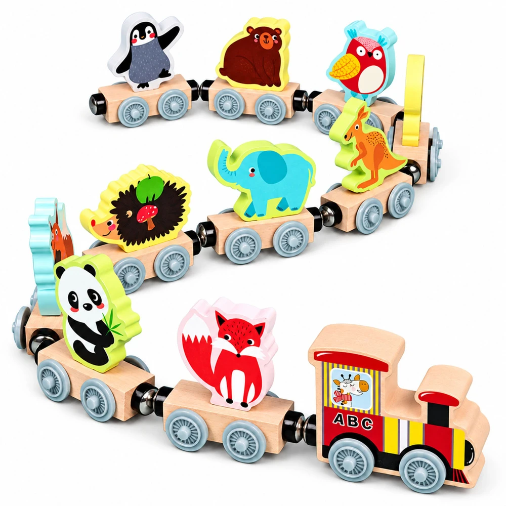 Lean Toys Medinis gyvūnų traukinukas su lokomotyvu ir 10 magnetinių vagonų, įvairiaspalvis
