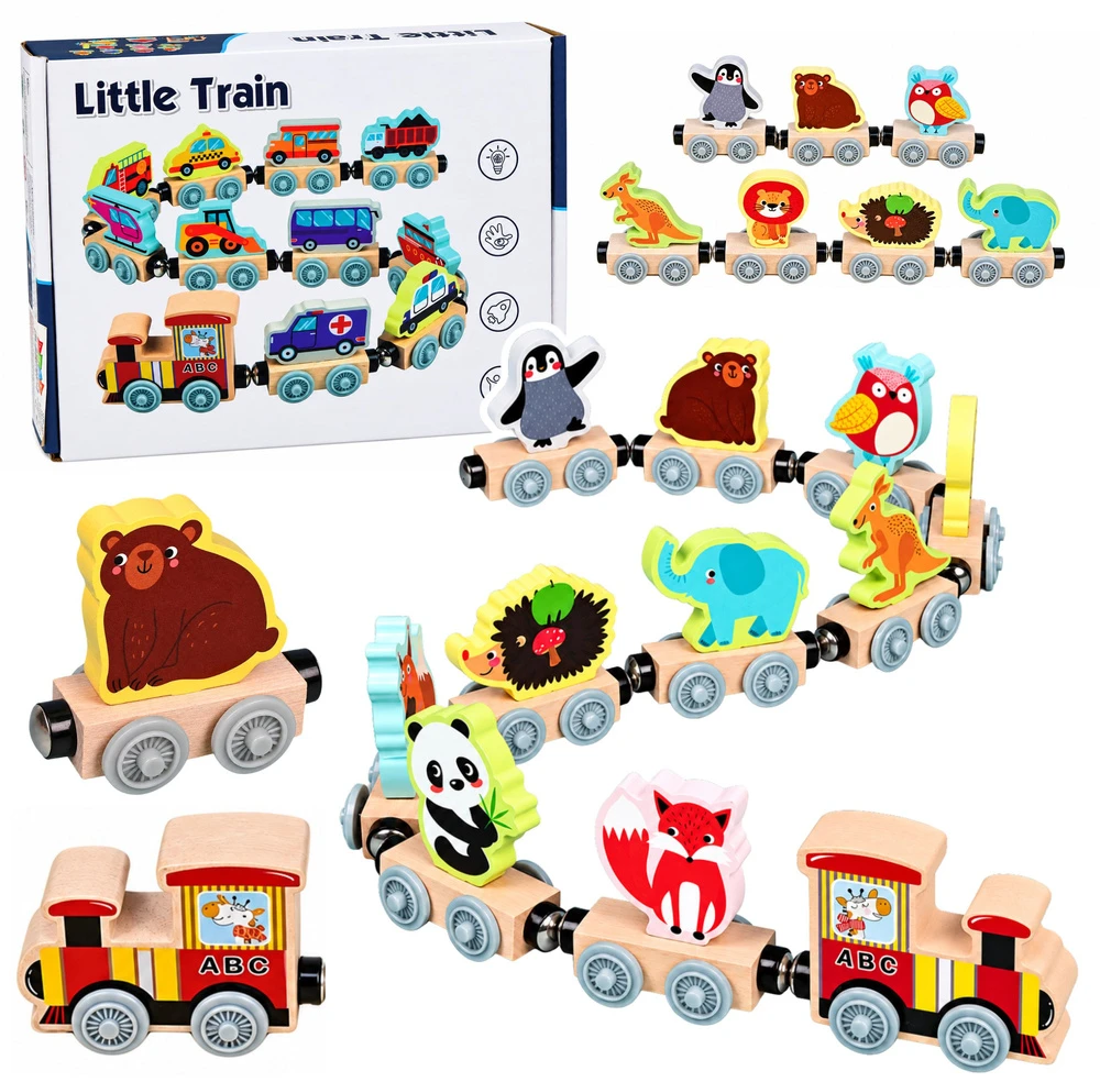 Lean Toys Medinis gyvūnų traukinukas su lokomotyvu ir 10 magnetinių vagonų, įvairiaspalvis