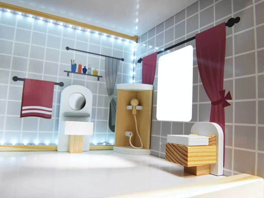 Ikonka MDF medinis lėlių namelis + baldai 78cm juodas LED
