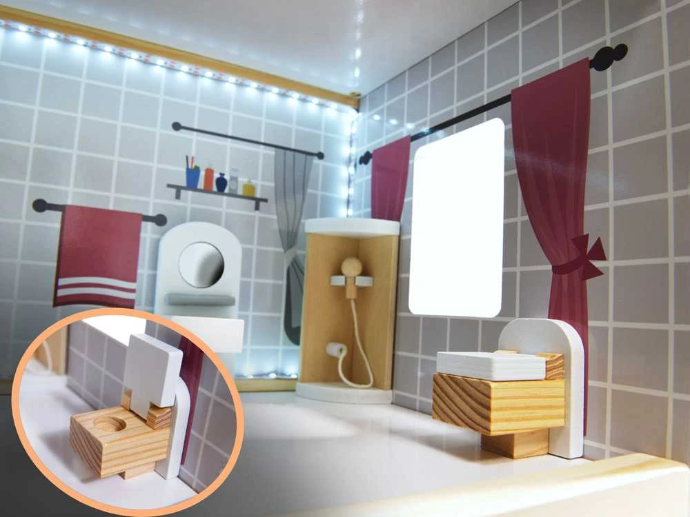 Ikonka MDF medinis lėlių namelis + baldai 78cm juodas LED