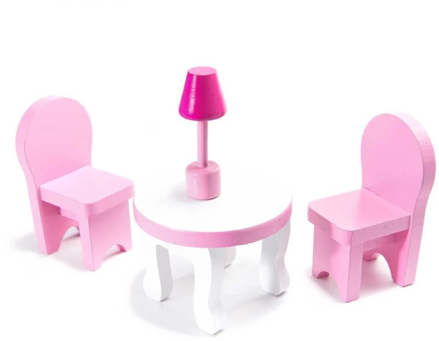 KIK MDF medinis lėlių namelis + baldai 70cm rožinis LED