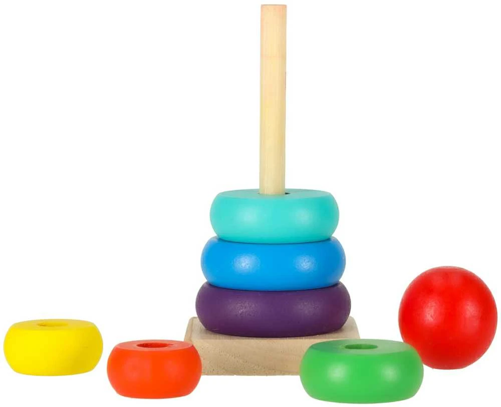 Medinė piramidė su spalvotais žiedais, 13,5 cm