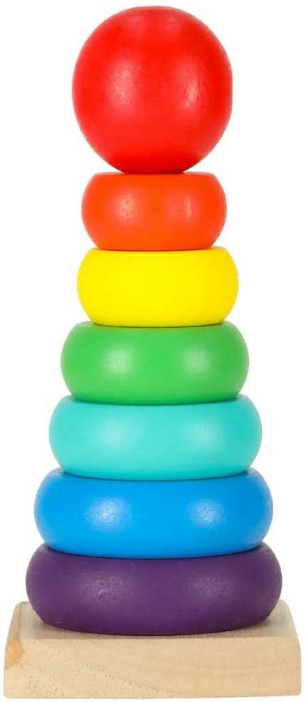Medinė piramidė su spalvotais žiedais, 13,5 cm