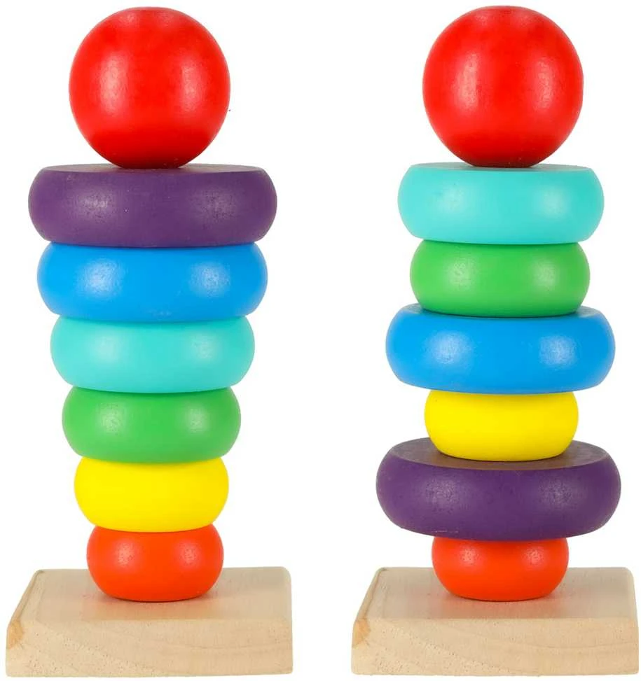 Medinė piramidė su spalvotais žiedais, 13,5 cm
