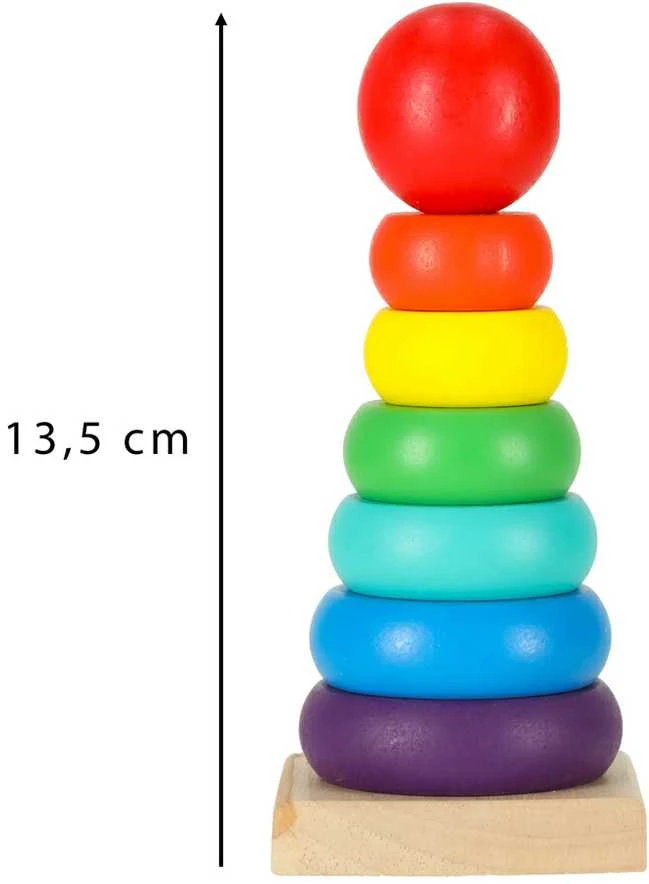 Medinė piramidė su spalvotais žiedais, 13,5 cm