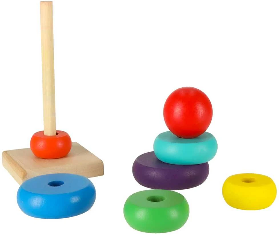 Medinė piramidė su spalvotais žiedais, 13,5 cm