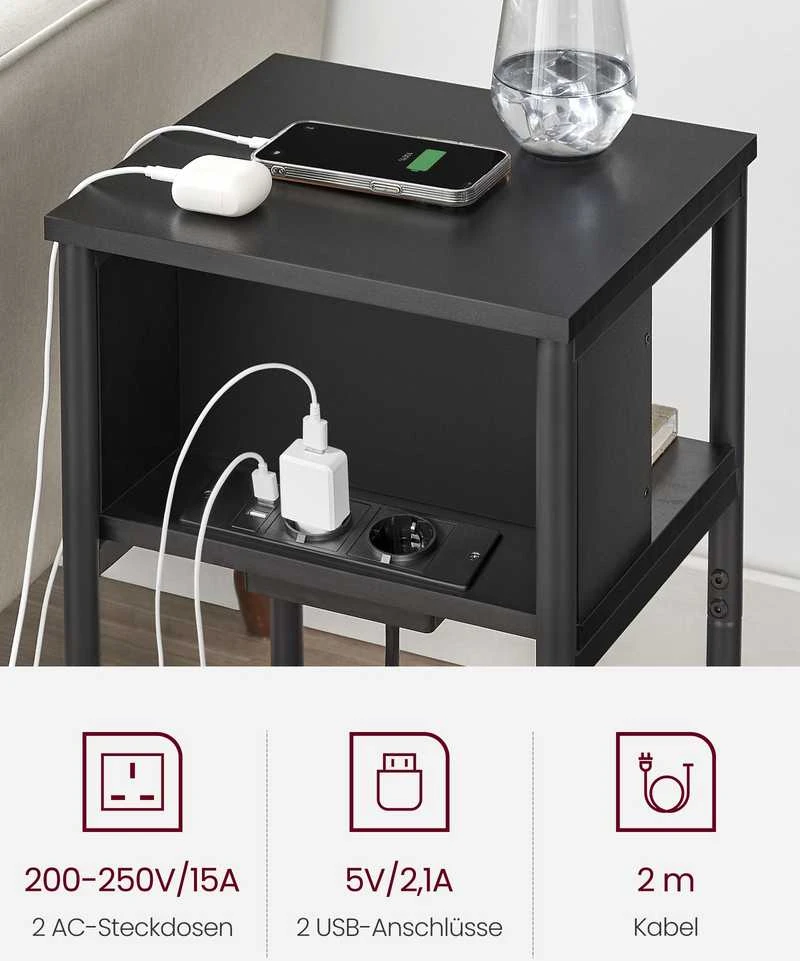 Songmics Vasagle Šoninis staliukas su 2 kintamosios srovės ir USB jungtimis, juodas
