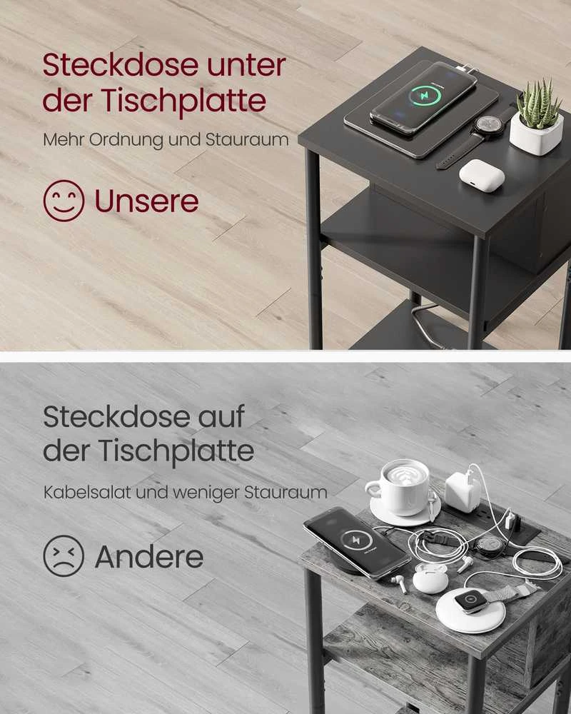 Songmics Vasagle Šoninis staliukas su 2 kintamosios srovės ir USB jungtimis, juodas