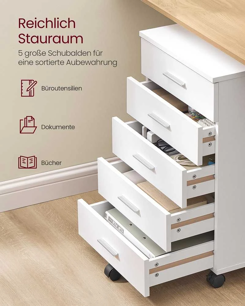 Vasagle Medinis stalčių blokas su ratukais, 5 stalčiai, 40x42x65,7 cm