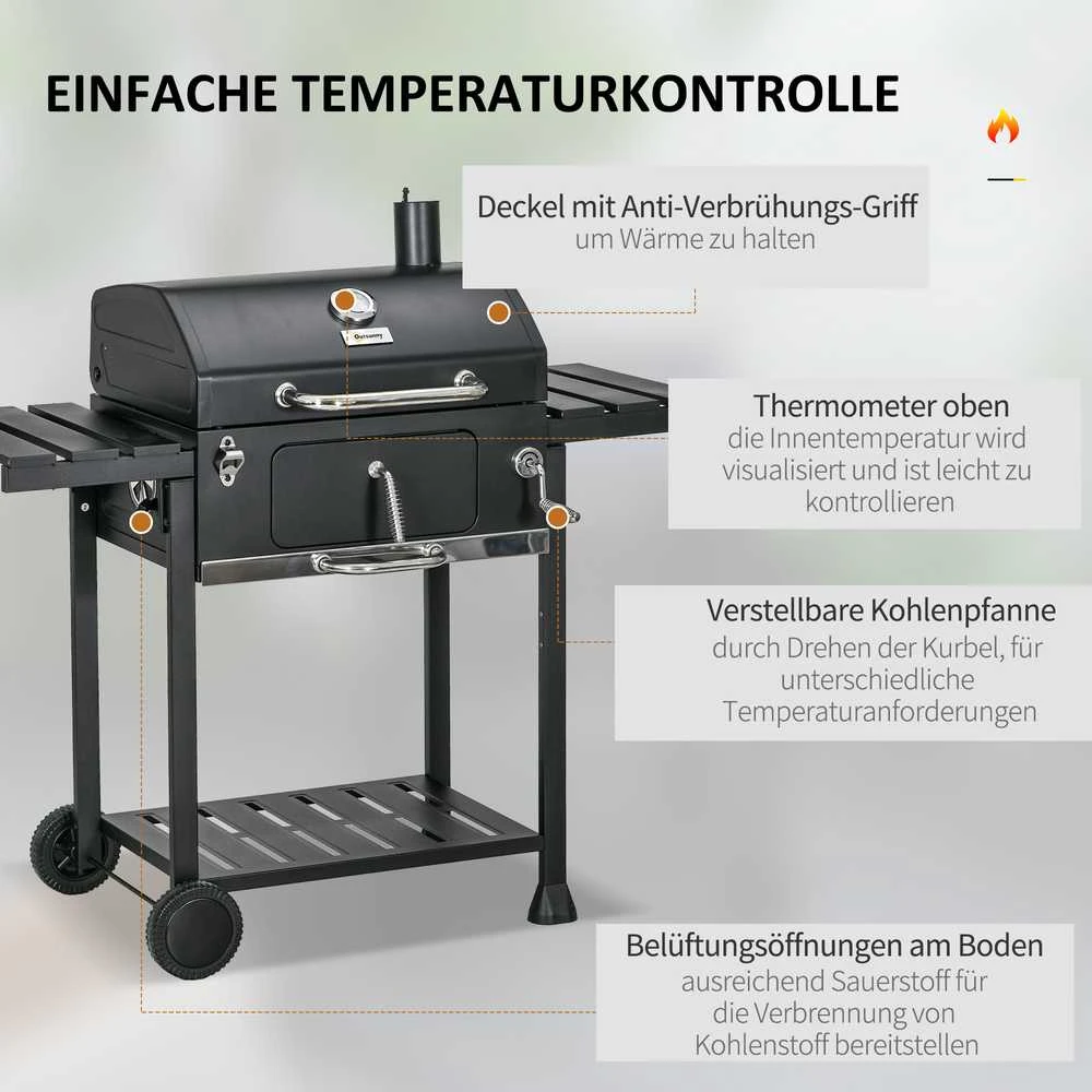 Outsunny anglių kepsninė, kempingo kepsninė su dvejomis grotelėmis, sulankstoma šonine lentyna, kepsninė su vežimėliu, lentyna, rankena, nerūdijantis plienas, juoda