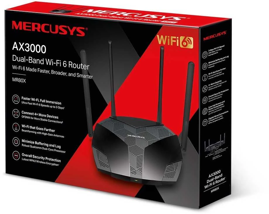 Mercusys | Dviejų dažnių „Wi-Fi 6“ maršrutizatorius | MR80X AX3000 | 802.11ax | 2402+574 Mbit/s | Ethernet LAN (RJ-45) jungtys 3x Gigabit LAN | Tinklo palaikymas: Taip | MU-MiMO: Taip | Ne, mobilusis plačiajuostis ryšys | Antenos tipas: Išorinė