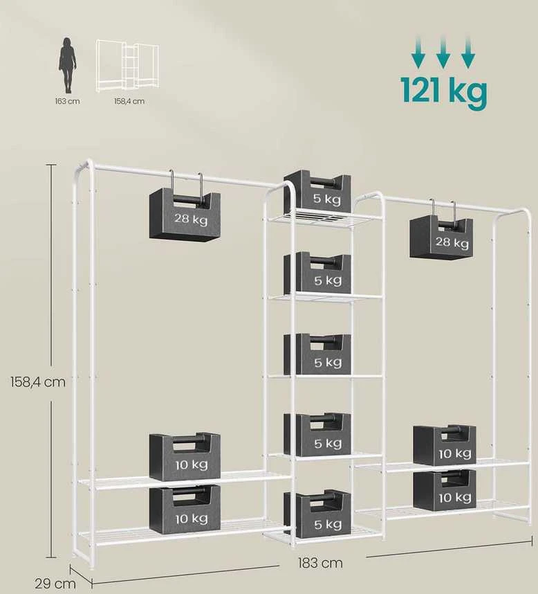 SONGMICS metalinis drabužių stovas 29 x 183 x 158,4 cm su lentynomis, matinis baltas