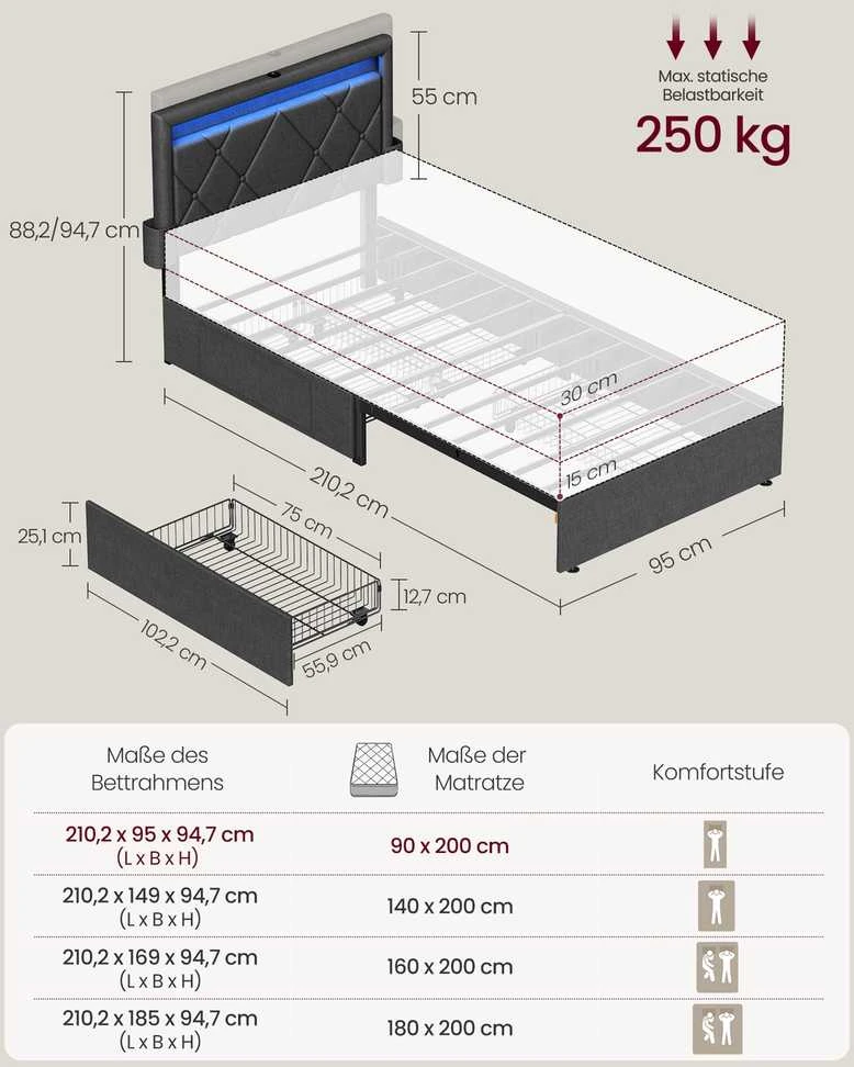 Waszemeble Metalinė lova su LED apšvietimu ir stalčiais