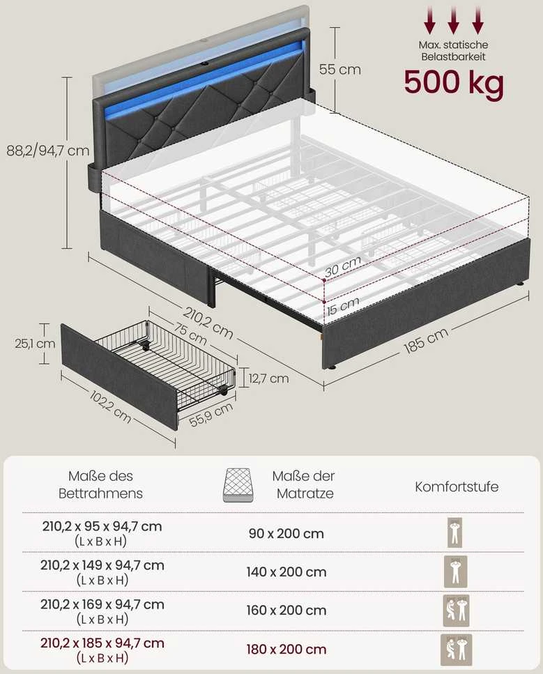 Songmics Metalinė lova su LED apšvietimu ir stalčiais