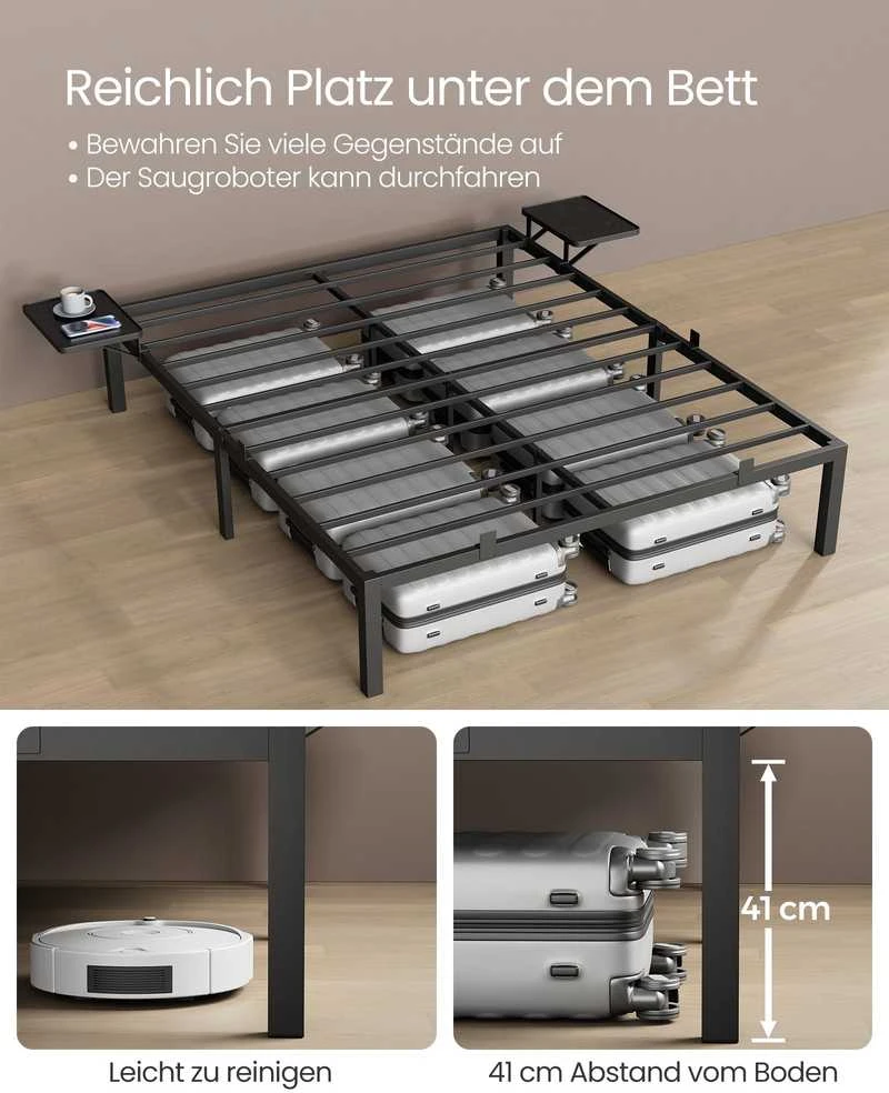 Songmics Vasagle Doppelbettgestell aus Metall 140 x 190 cm mit Aufbewahrungsregalen