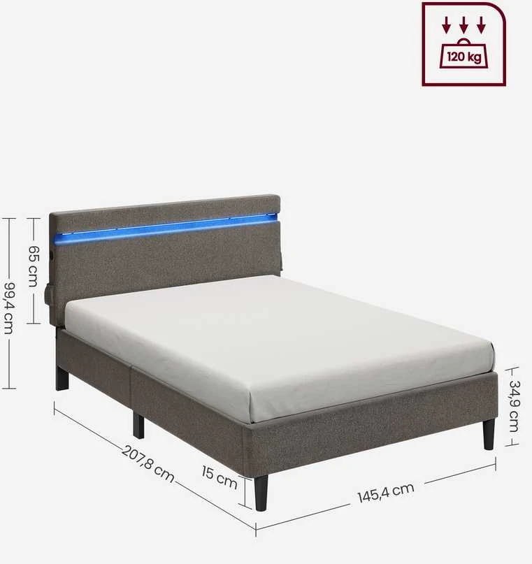 Songmics Vasagle Metalinė dvigulė lova 140 x 190 cm LED apšvietimas tamsiai pilka