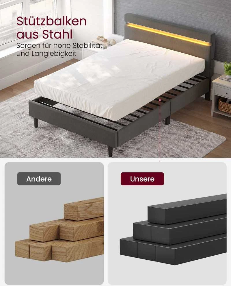 Songmics Vasagle Metalinė dvigulė lova 140 x 190 cm LED apšvietimas tamsiai pilka