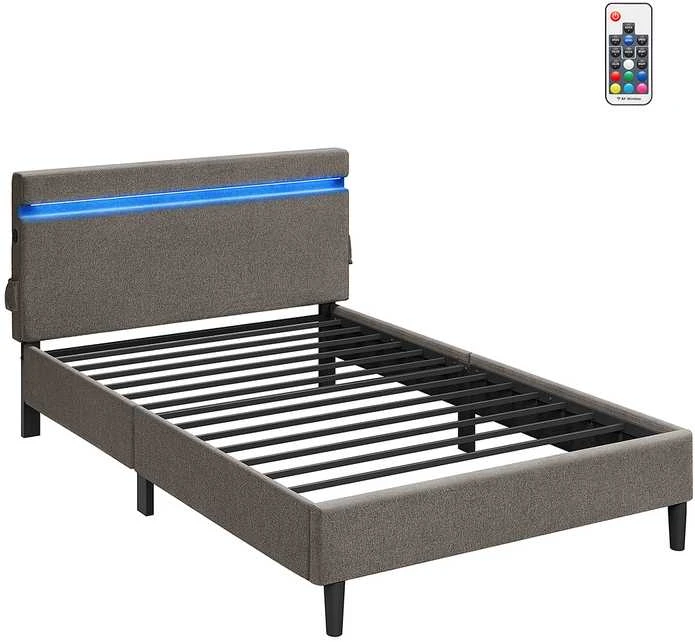 Songmics Vasagle Metalinė dvigulė lova 140 x 190 cm LED apšvietimas tamsiai pilka