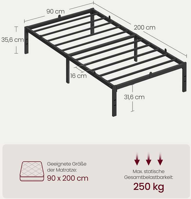 Vasagle Metalinis viengulės lovos rėmas 90 x 200 cm modernus rašalas juodas