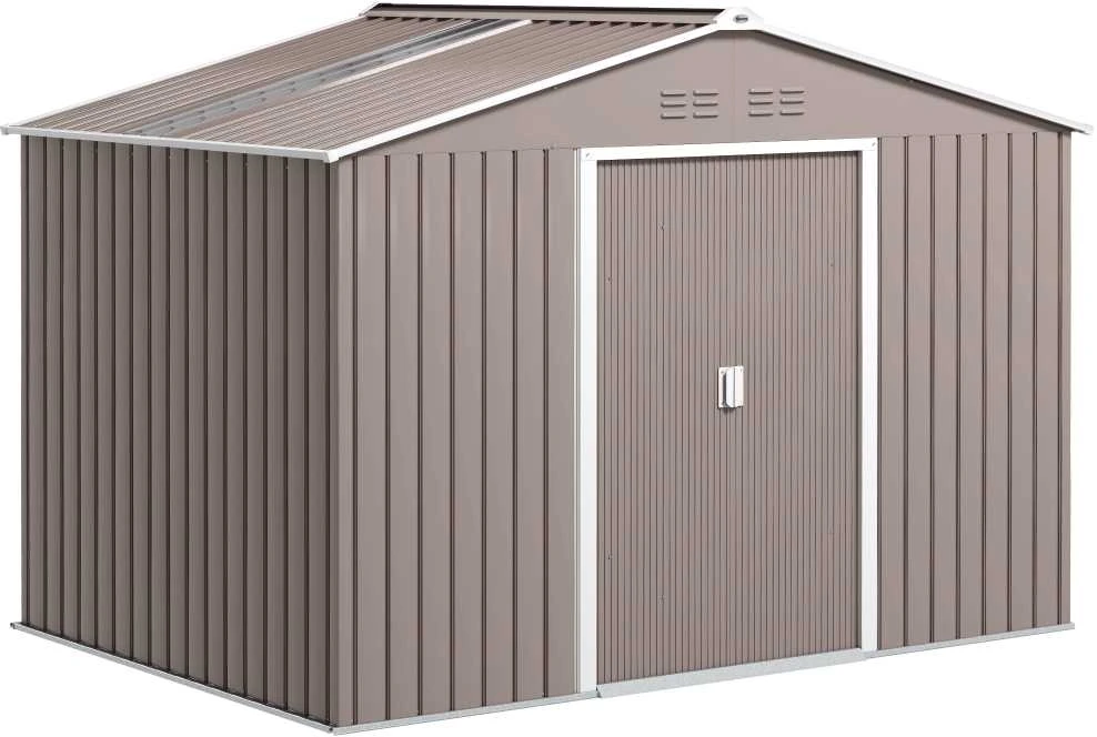 Outsunny cinkuoto plieno įrankių namelis 4,9 m² 277x195x192 cm, sodo namelis su šlaitiniu stogu, pamatu, rakinamomis stumdomomis durimis ir vėdinimu, šviesiai pilkas