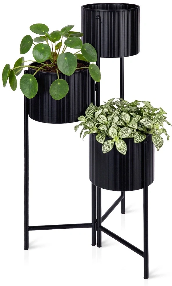 Metalinis trijų lygių gėlių stovas, juodas, 39 × 29 × 68 cm