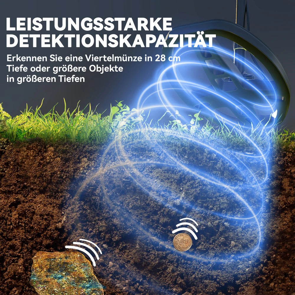 Outsunny metalo detektorius suaugusiesiems, 5 režimai, nešiojamas ieškiklis su signalu, LCD ekranas, IP68 vandeniui atspari paieškos ritė, metalo ieškiklis, tamsiai pilkas
