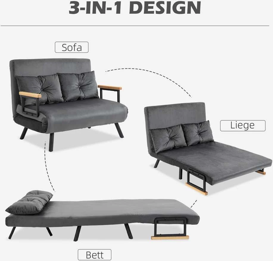 HOMCOM sofa lova su patalynės dėže, sofa su miegojimo funkcija, aksominės išvaizdos sofa su nugaros pagalvėlėmis, tamsiai pilka, 102 x 73 x 81 cm