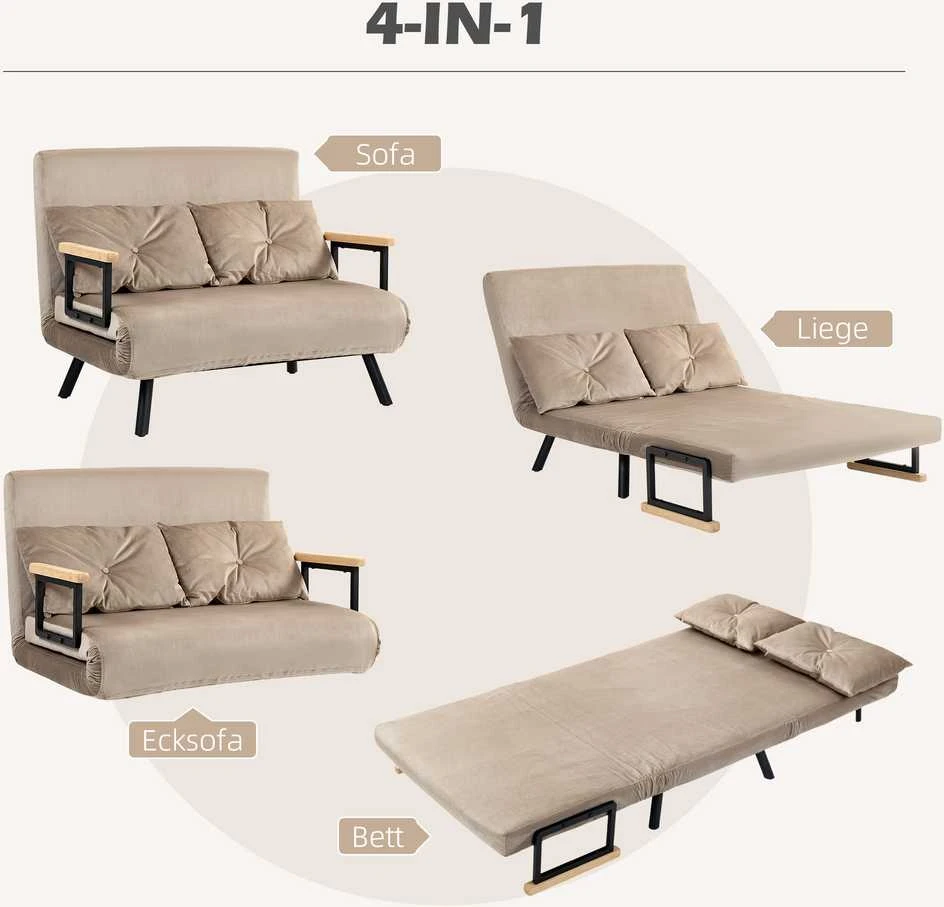 HOMCOM sofa lova, sulankstoma lova su miegojimo funkcija, reguliuojamas atlošas, polsteruota sofa su pagalve, aksominio stiliaus, svetainei, miegamajam, šviesiai ruda