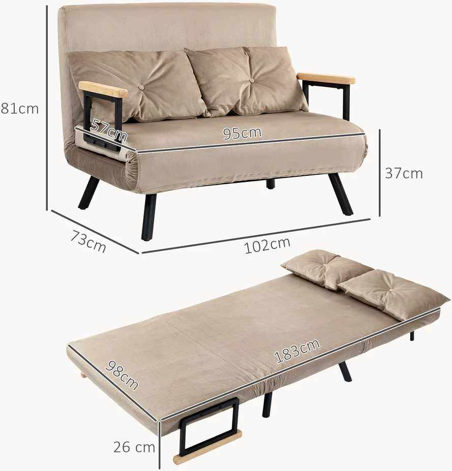 HOMCOM sofa lova, sulankstoma lova su miegojimo funkcija, reguliuojamas atlošas, polsteruota sofa su pagalve, aksominio stiliaus, svetainei, miegamajam, šviesiai ruda