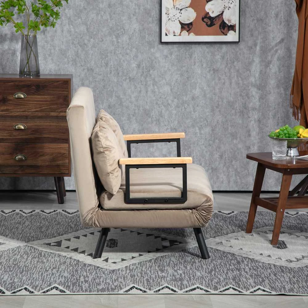 HOMCOM sofa lova, sulankstoma lova su miegojimo funkcija, reguliuojamas atlošas, polsteruota sofa su pagalve, aksominio stiliaus, svetainei, miegamajam, šviesiai ruda