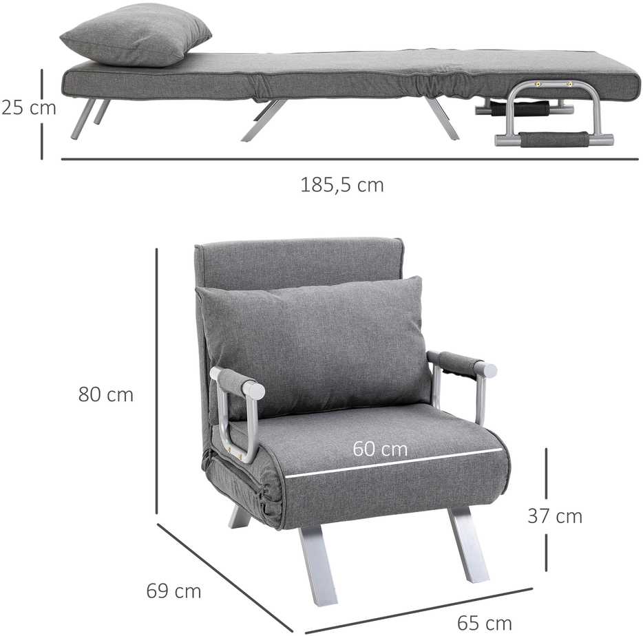 Fotelis HOMCOM Sofa-lova su porankiu 65x69x80 cm, "3-in-1" sofa-lova, lova svečiams, šezlongas, į liną panašus poliesteris, pilka