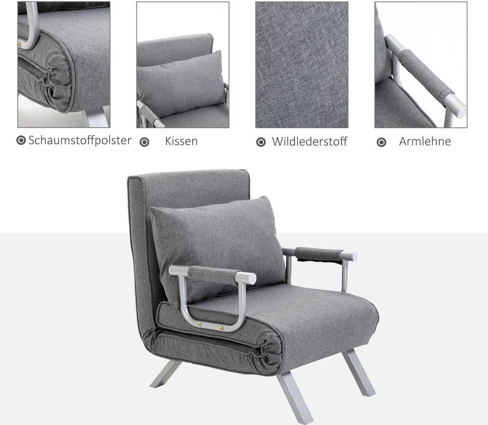 Fotelis HOMCOM Sofa-lova su porankiu 65x69x80 cm, "3-in-1" sofa-lova, lova svečiams, šezlongas, į liną panašus poliesteris, pilka