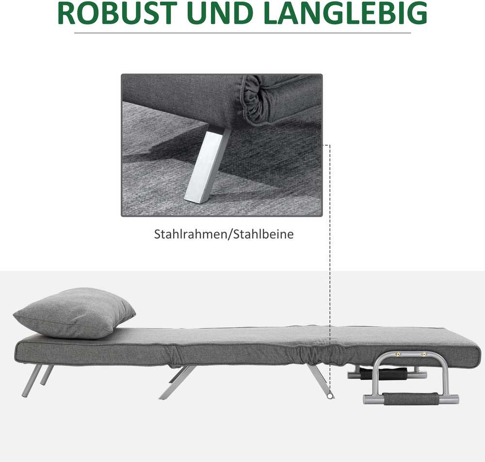 Fotelis HOMCOM Sofa-lova su porankiu 65x69x80 cm, "3-in-1" sofa-lova, lova svečiams, šezlongas, į liną panašus poliesteris, pilka