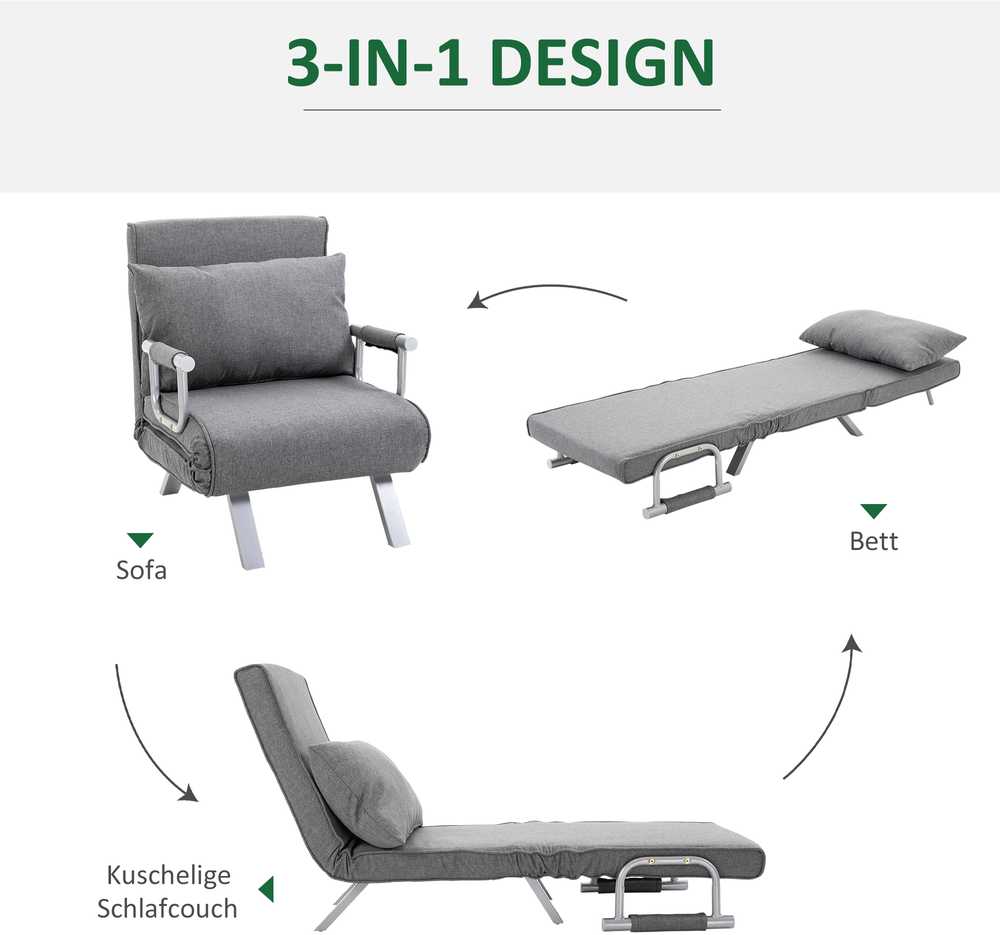 Fotelis HOMCOM Sofa-lova su porankiu 65x69x80 cm, "3-in-1" sofa-lova, lova svečiams, šezlongas, į liną panašus poliesteris, pilka