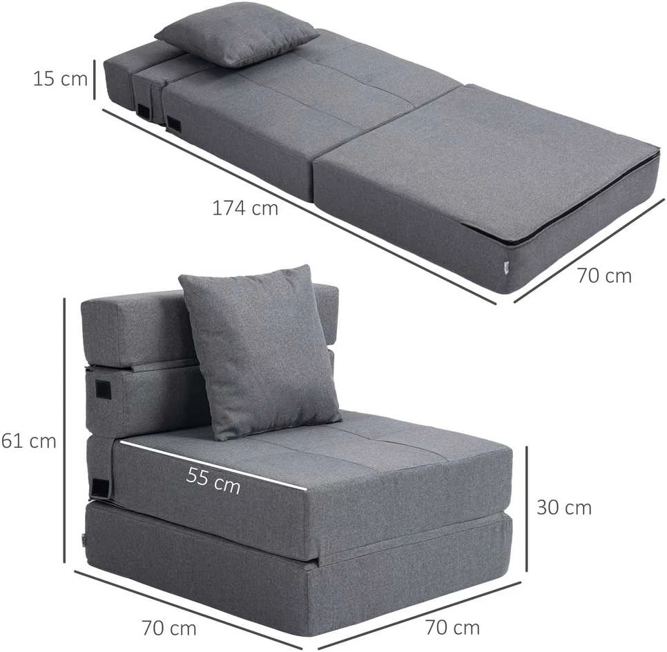 HOMCOM sulankstomas fotelis-lova, 2-in-1 išskleidžiamas fotelis su miegamąja funkcija, poilsio fotelis su pagalve, svečių lova, keliamoji galia iki 100 kg, tamsiai pilkas