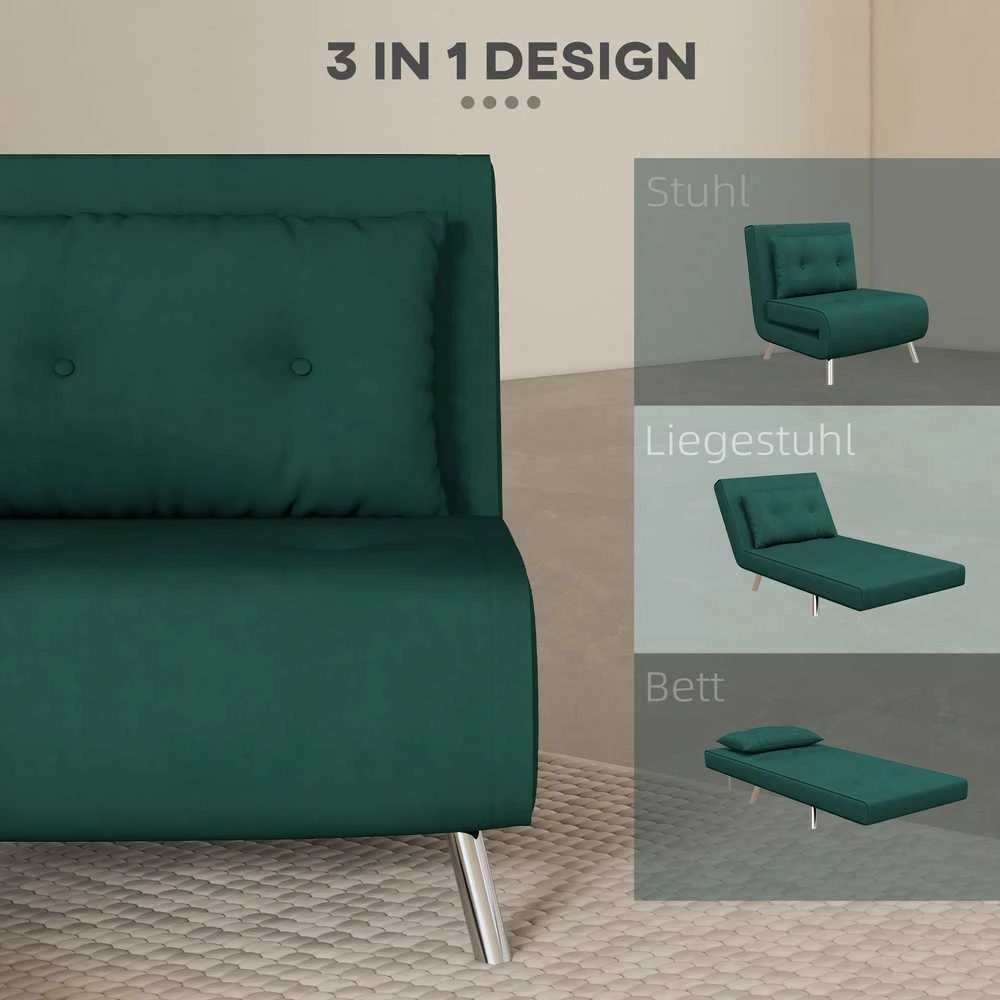 HOMCOM išskleidžiamas fotelis, fotelis-lova, vienvietė sofa su pagalve, svečių lova, minkšta sofa aksomo imitacijos, tamsiai žalia, 77 x 88 x 83 cm