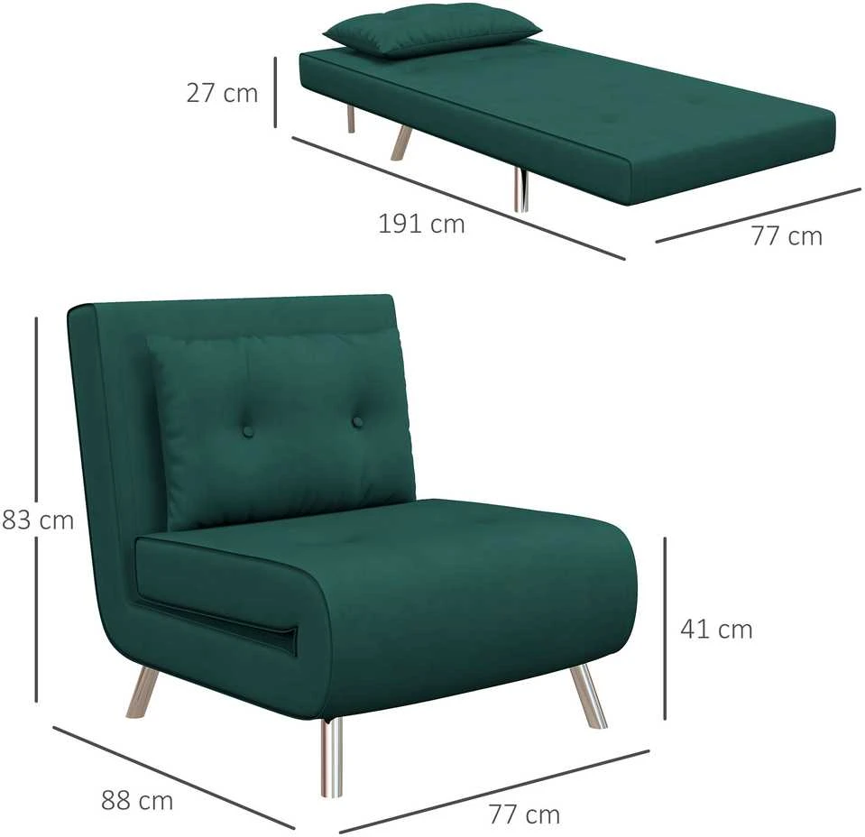 HOMCOM išskleidžiamas fotelis, fotelis-lova, vienvietė sofa su pagalve, svečių lova, minkšta sofa aksomo imitacijos, tamsiai žalia, 77 x 88 x 83 cm
