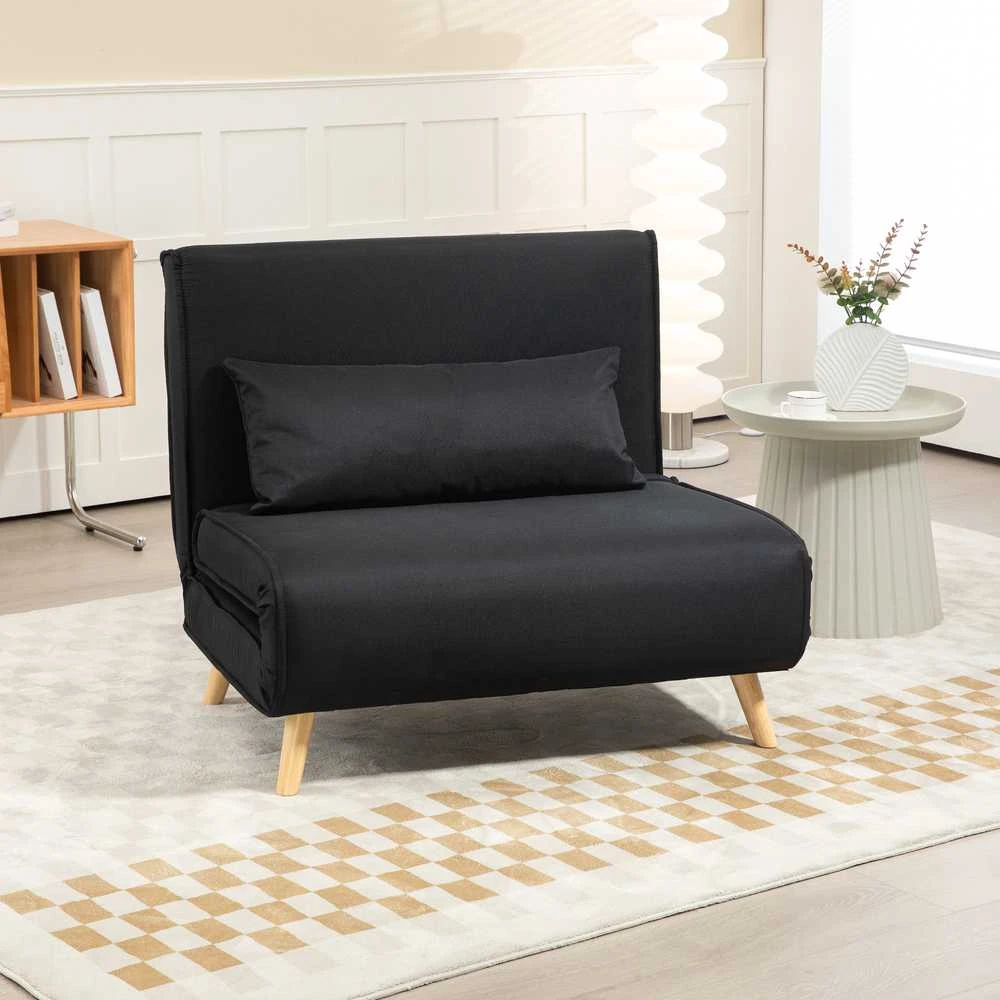 HOMCOM miegamasis fotelis, 2 viename išskleidžiama sofa su lovos funkcija, dekoratyvinė pagalvėlė, sulankstomas fotelis su reguliuojamu atlošu, lino išvaizda, poilsio fotelis iki 350 kg svetainei, juodas | Aosom