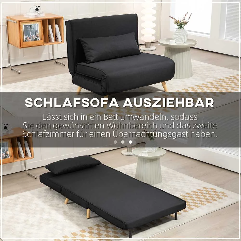 HOMCOM miegamasis fotelis, 2 viename išskleidžiama sofa su lovos funkcija, dekoratyvinė pagalvėlė, sulankstomas fotelis su reguliuojamu atlošu, lino išvaizda, poilsio fotelis iki 350 kg svetainei, juodas | Aosom