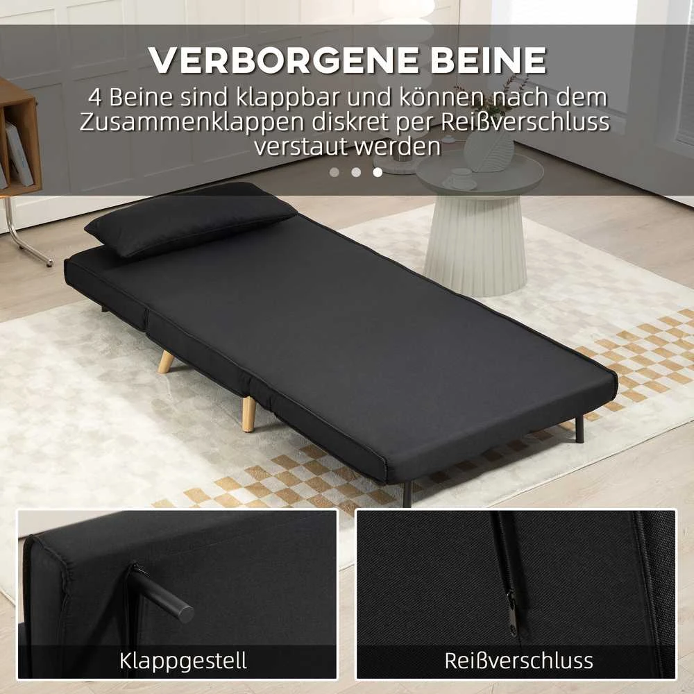 HOMCOM miegamasis fotelis, 2 viename išskleidžiama sofa su lovos funkcija, dekoratyvinė pagalvėlė, sulankstomas fotelis su reguliuojamu atlošu, lino išvaizda, poilsio fotelis iki 350 kg svetainei, juodas | Aosom