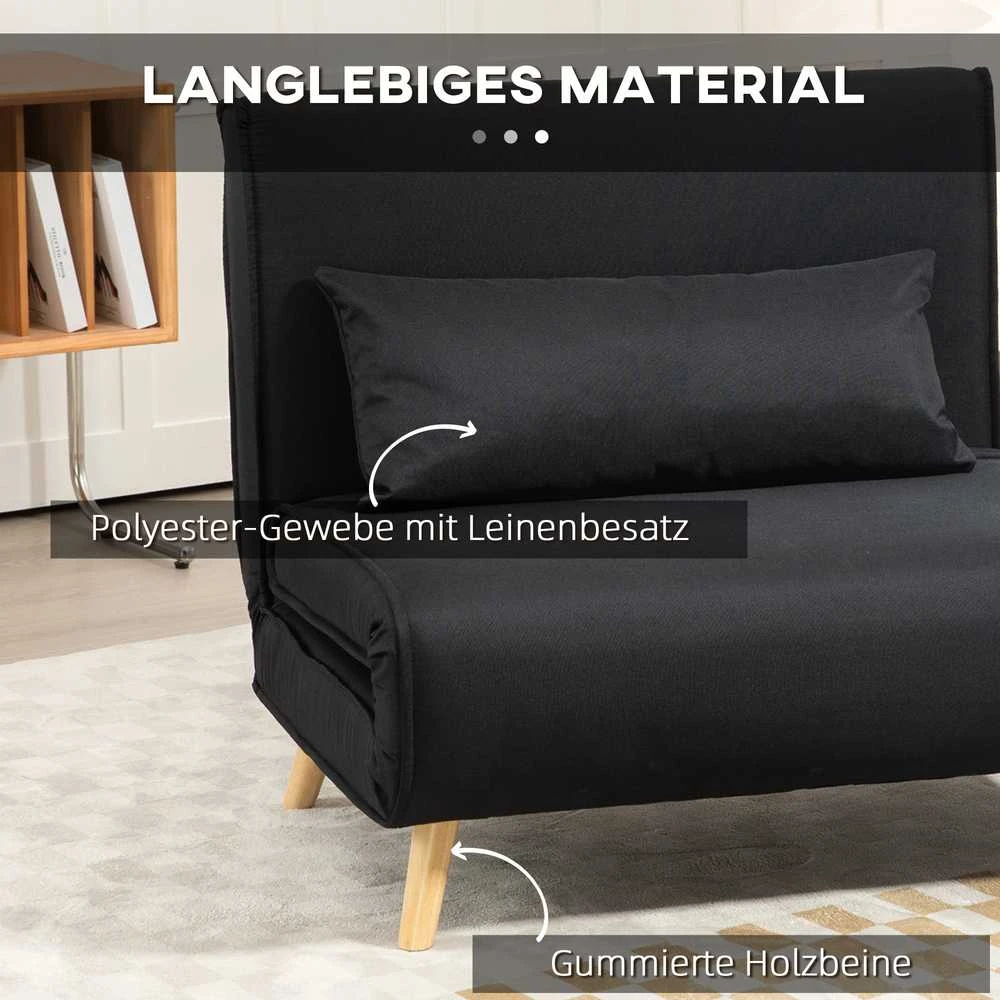 HOMCOM miegamasis fotelis, 2 viename išskleidžiama sofa su lovos funkcija, dekoratyvinė pagalvėlė, sulankstomas fotelis su reguliuojamu atlošu, lino išvaizda, poilsio fotelis iki 350 kg svetainei, juodas | Aosom