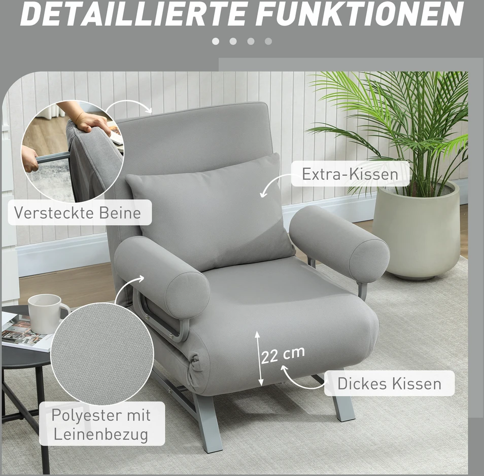 Miegamoji sofa-kėdė, paminkštintas fotelis, transformuojamas į svečių lovą, ergonomiškas, šviesiai pilkas