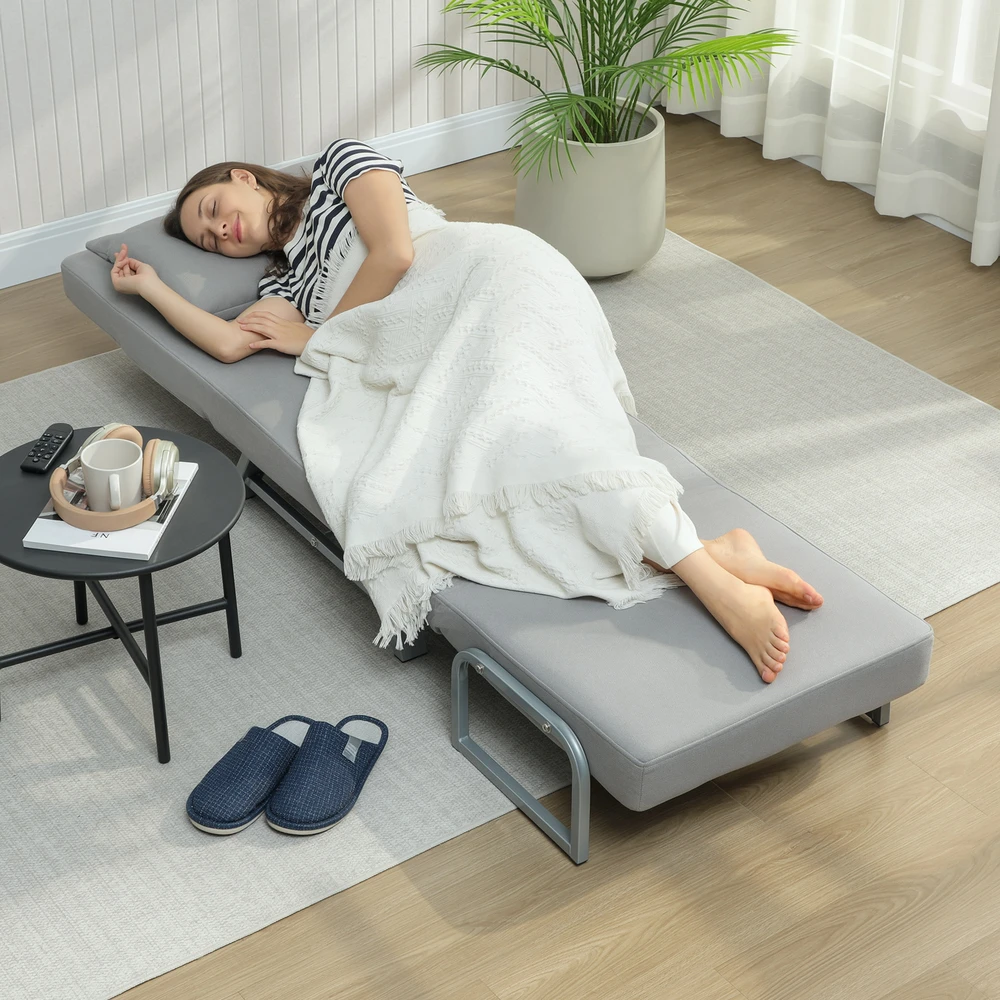 Miegamoji sofa-kėdė, paminkštintas fotelis, transformuojamas į svečių lovą, ergonomiškas, šviesiai pilkas