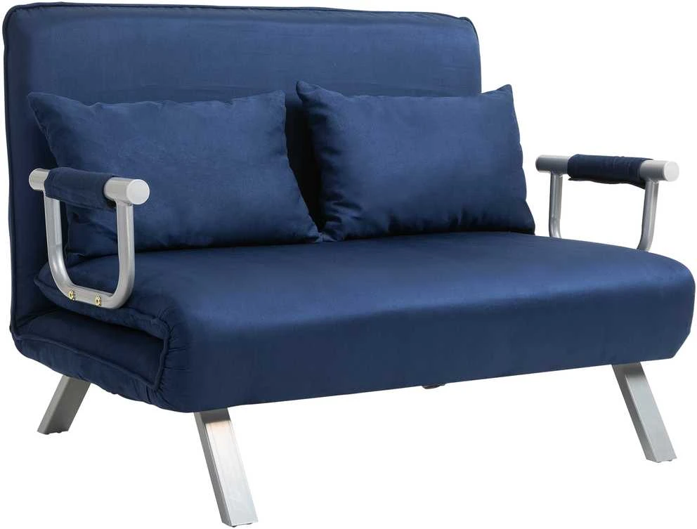 HOMCOM 2 vietų sofa-lova, sofa su reguliuojamu atlošu, dekoratyvinė pagalvė, sofa su aksomo efektu, porankiai, minkštas baldas svetainei, miegamajam, mėlyna