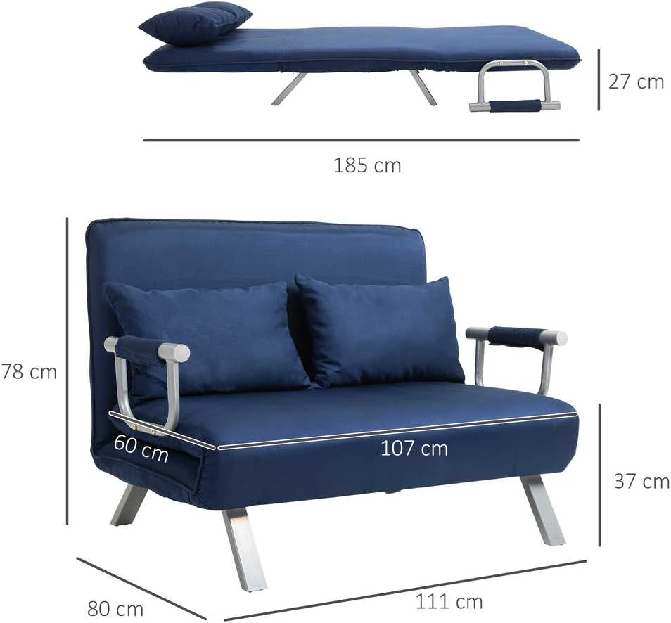 HOMCOM 2 vietų sofa-lova, sofa su reguliuojamu atlošu, dekoratyvinė pagalvė, sofa su aksomo efektu, porankiai, minkštas baldas svetainei, miegamajam, mėlyna