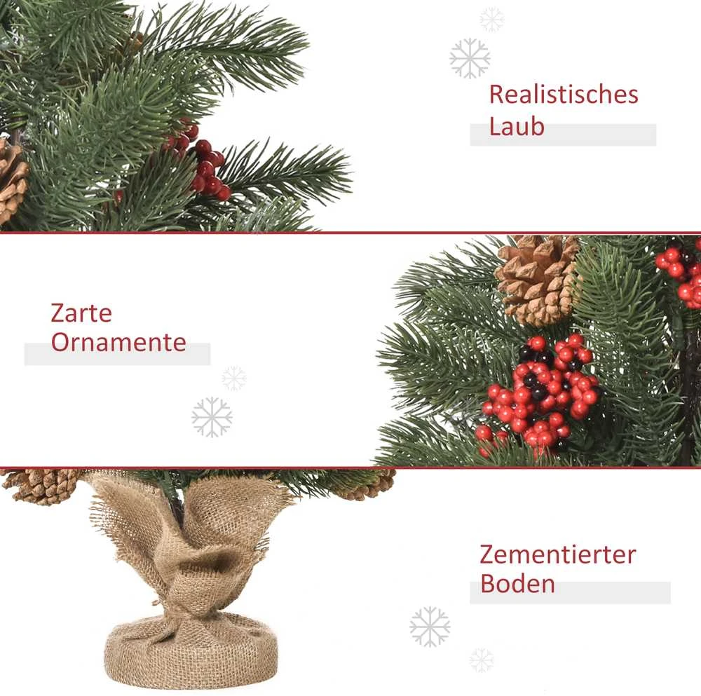 Dirbtinė Kalėdų eglutė HOMCOM, 50 cm, su 4 raudonomis uogomis ir 4 kankorėžiais, 55 šakelės, stabilus ir patvarus pagrindas, PE, cementas, džiutas, Ø28 x 50 cm