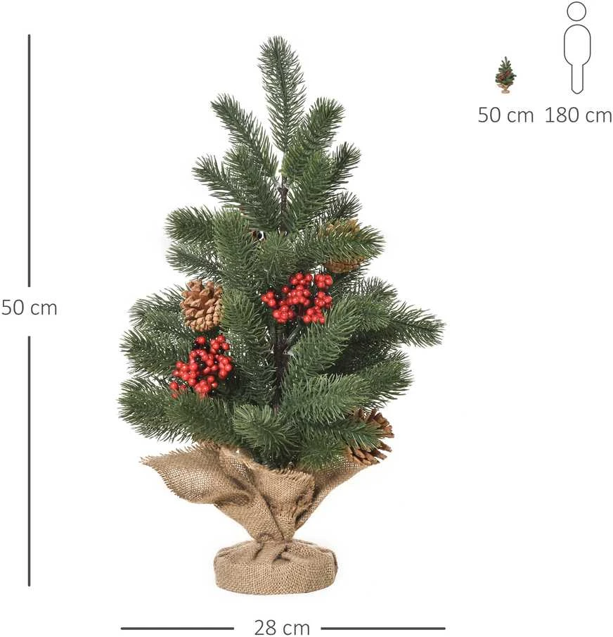 Dirbtinė Kalėdų eglutė HOMCOM, 50 cm, su 4 raudonomis uogomis ir 4 kankorėžiais, 55 šakelės, stabilus ir patvarus pagrindas, PE, cementas, džiutas, Ø28 x 50 cm