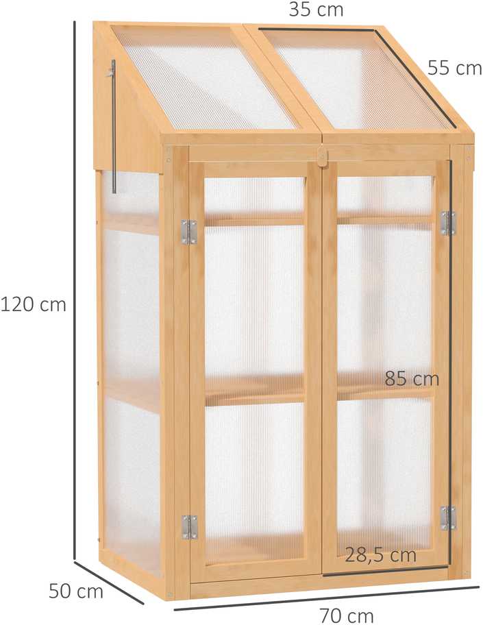 Outsunny medinis daigynas, mini šiltnamis 70 x 50 x 120 cm, šiltnamis su dangčiu, langais, dvigubomis durimis, pusiau permatoma daigykla su 3 lentynomis, žiemai atspari pakelta lysvė sodui, balkonui, ruda