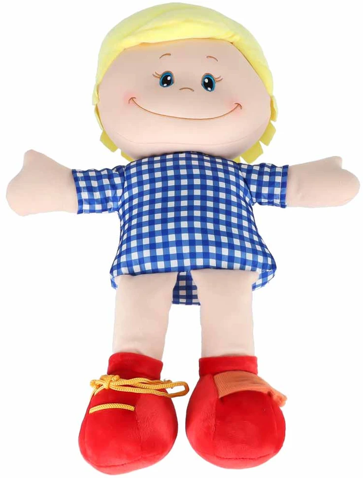 Minkšta sensorinė lėlė, mokymuisi rengtis, 48 cm