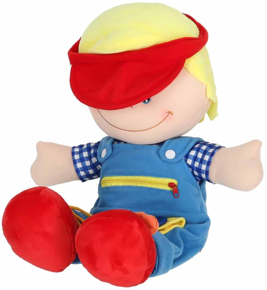 Minkšta sensorinė lėlė, mokymuisi rengtis, 48 cm